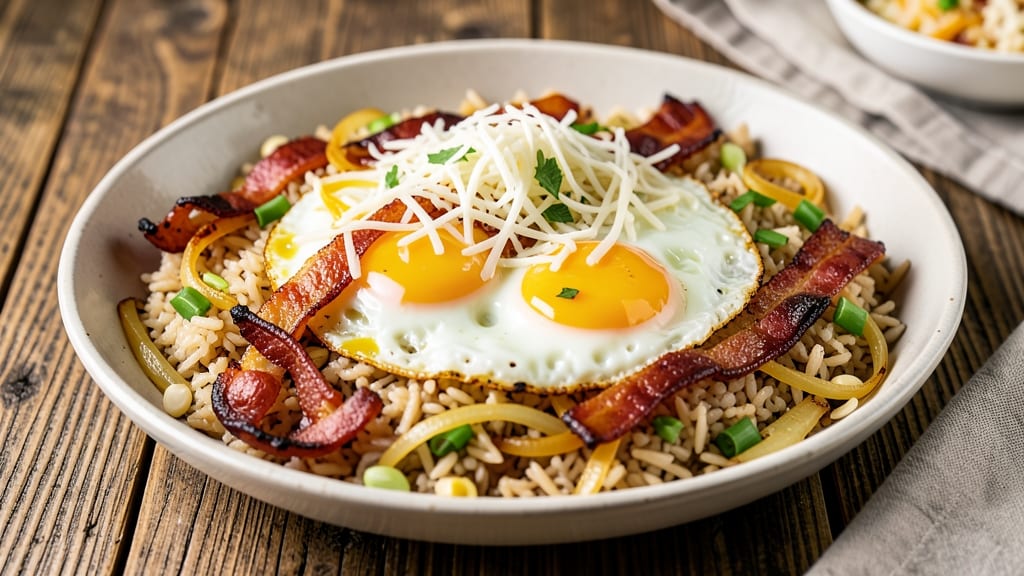Bacon, Egg, and Cheese Fried Rice Recipe: Smoky Crispy Bits and Fluffy Grains