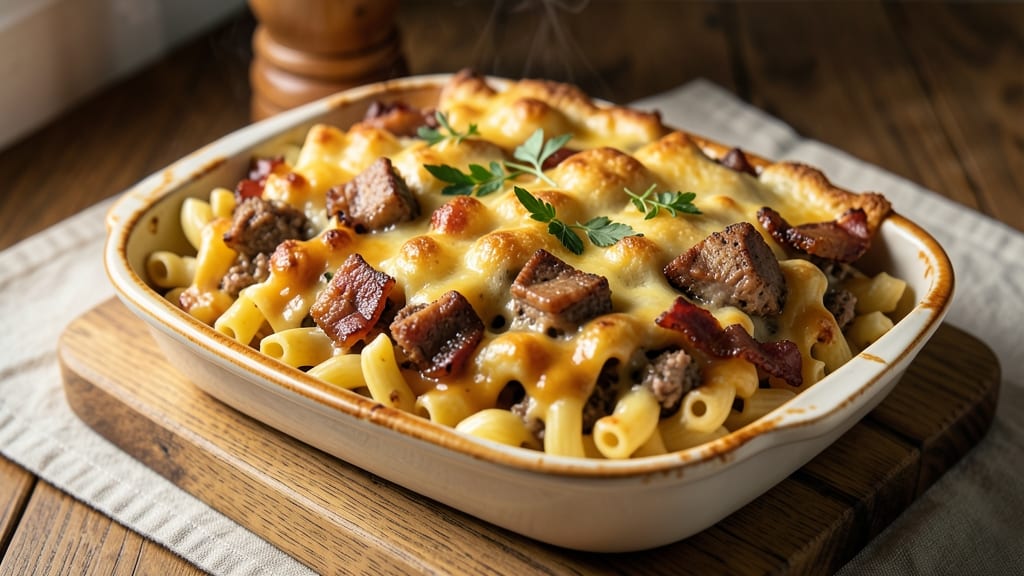 Baked Mac and Cheese Recipe with Meat: Savory Crisp Top and Juicy Protein Bites