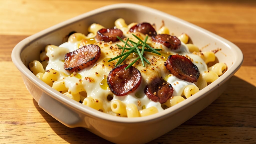 Baked Macaroni, Cheese, and Sausage Recipe: Crispy Top, Gooey Pull-Apart Magic
