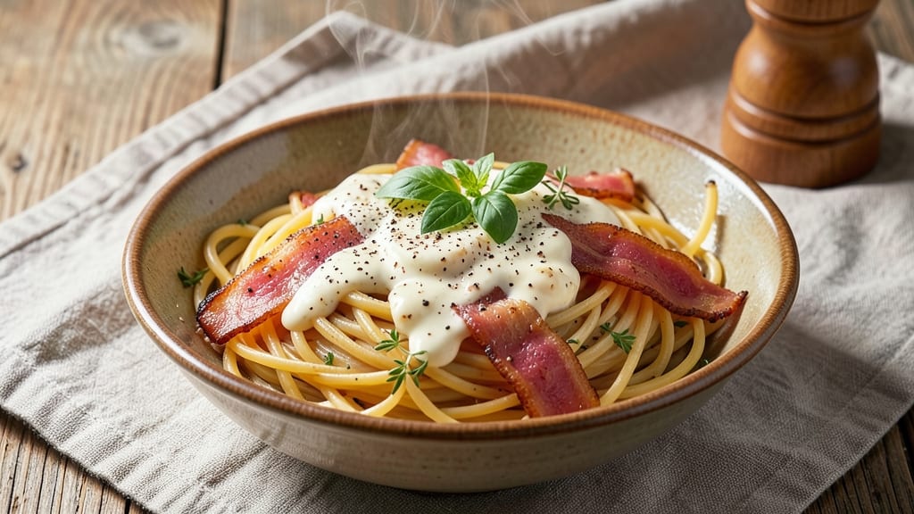 Bacon Cream Cheese Spaghetti Recipe: Crispy Pancetta Bites in Rich Tangy Sauce