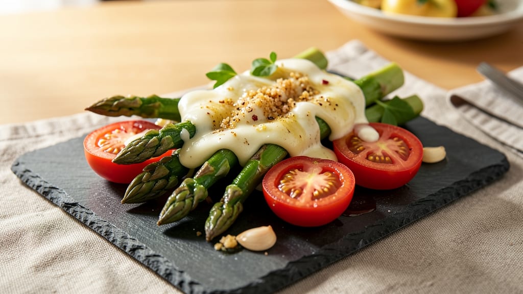 Asparagus, Tomato, and Cheese Recipe: Blistered Greens With Tangy Tomato Cream