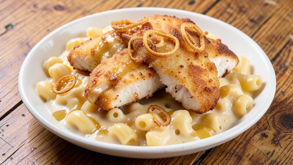 Bed Stuy Fish Fry Mac and Cheese Recipe: Crispy Beer-Battered Fish Over Creamy Cheese Pasta