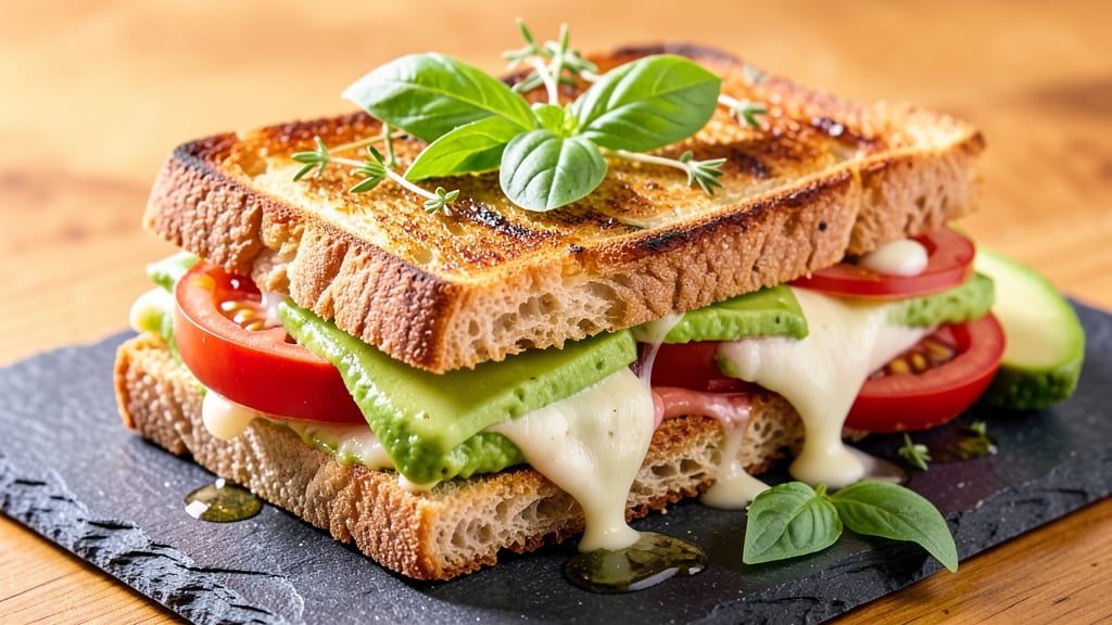 Avocado Mozzarella and Tomato Grilled Cheese Recipe: Smoky Grilled Crisp With Fresh Herb Layers