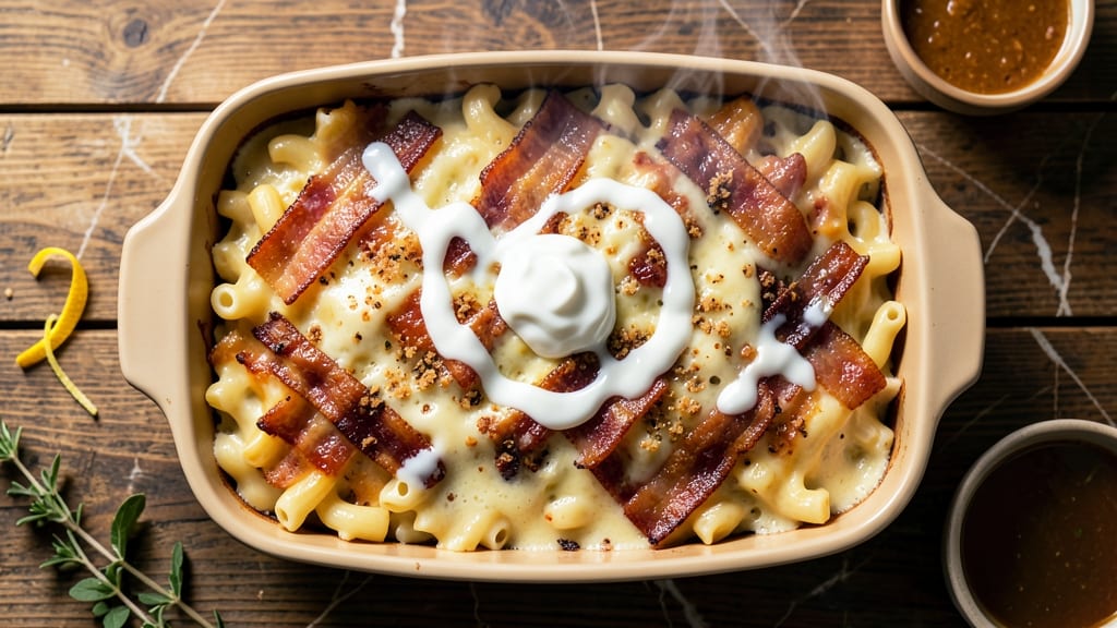 Bacon Mac and Cheese Casserole Recipe: Smoky Crispy Bacon Layers and Gooey Cheese Pull